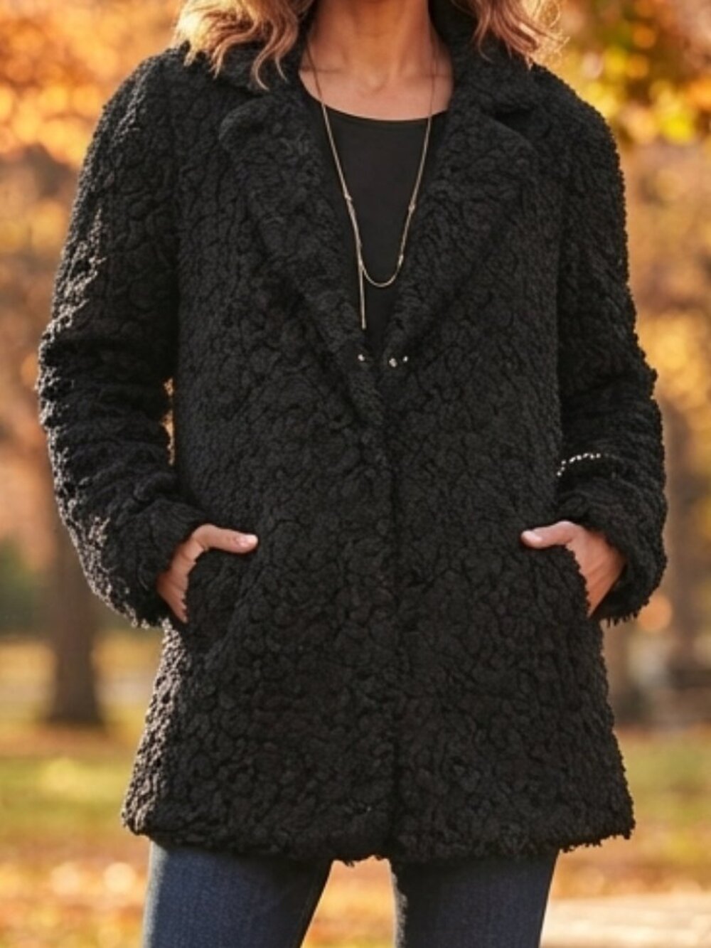 Vintage Black Curly Faux Fur Swing Coat — Astrakhan Style, Hook Closure